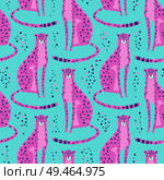 Seamless pattern with cheetahs, leopards. Repeated exotic wild pink cats on a turquoise background. Vector illustration.. Seamless pattern with cheetahs, leopards. Repeated exotic wild pink cats on a turquoise background. Vector illustration. Стоковая иллюстрация, агентство Ingram Publishing / Фотобанк Лори
