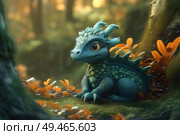 A blue dragon is sitting in the center of a dense forest, surrounded by tall trees and lush greenery. Стоковое AI-изображение, AI-художник Данила Большаков / Фотобанк Лори