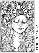 Black and white drawing of a woman with her eyes closed, showcasing a moment of introspection and calm. Стоковое AI-изображение, AI-художник Данила Большаков / Фотобанк Лори