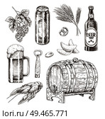 Beer ingredients set and snack vector illustration isolated on white cask with bottle opener, chips and pretzels, roasted crayfish with hop and wheat. Beer Ingredients Set and Snack Vector Illustration. Стоковая иллюстрация, агентство Ingram Publishing / Фотобанк Лори