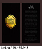 Great choice premium quality golden label with text sample isolated on wooden background. Vintage medal with text, insignia gold seal design on poster. Great Choice Premium Quality Gold Label with Text. Стоковая иллюстрация, агентство Ingram Publishing / Фотобанк Лори