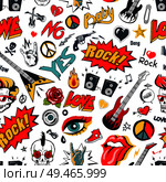 Rock elements on seamless pattern. Electric guitar and skull with punk hairstyle, loudspeakers and flower rose, tongue peace sign vector illustration. Rock Sing on Seamless Pattern Vector Illustration. Стоковая иллюстрация, агентство Ingram Publishing / Фотобанк Лори