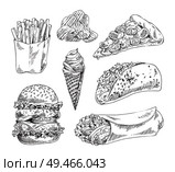 Fast food set hand drawn vector monochrome illustration. Ice-cream and chips, pizza and french fries, double burger, tacos and doner kebab sketches. Fast food set hand drawn vector monochrome sketch. Стоковая иллюстрация, агентство Ingram Publishing / Фотобанк Лори
