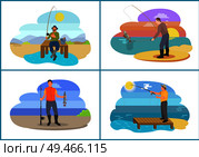 Fishing fisherman from platform and from bank. Standing and sitting fishers with fish-rods, fish in hands and tackle sport theme vector illustration. Fisherman Fishing from Platform and from Bank. Стоковая иллюстрация, агентство Ingram Publishing / Фотобанк Лори