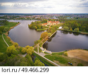 Aerial view of Medieval castle in Nesvizh. Niasvizh ancient town in spring. Minsk Region, Belarus. Стоковое фото, агентство Ingram Publishing / Фотобанк Лори