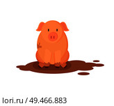 Pink pig or piglet sitting in dirty puddle flat vector illustration isolated on white. Domestic farm animal colored poster in funny cartoon style.. Funny Pink Pig in Dirty Puddle Vector Illustration. Стоковая иллюстрация, агентство Ingram Publishing / Фотобанк Лори