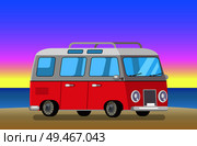 Cute bus on evening beach, vector illustration summer time, beautiful sunset red vehicle with reflections in glass, pleasant night at sandy shore.. Cute Bus on Evening Beach, Vector Illustration. Стоковая иллюстрация, агентство Ingram Publishing / Фотобанк Лори