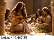 Several women are gathered together, sitting in a circle and playing guitars. Стоковое AI-изображение, AI-художник Данила Большаков / Фотобанк Лори