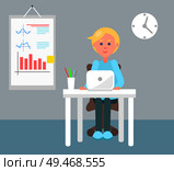 Working office employee color vector illustration, clock and paper with statistical charts and plots on wall, man with laptop sitting by cozy table. Working Office Employee Color Vector Illustration. Стоковая иллюстрация, агентство Ingram Publishing / Фотобанк Лори
