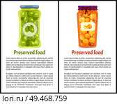 Preserved fruit and vegetables set vector illustration. Sweet peach marmalade and salt pickled olives, berries in tins, container food poster icon. Preserved Fruit and Vegetables Set Vector Icon. Стоковая иллюстрация, агентство Ingram Publishing / Фотобанк Лори