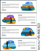 Fishing website landing page sample with text and fishery situations. Rodman throwing tackle, man with landing net, angling from dock and riverside.. Fishing Man Situations in Spots for Landing Page. Стоковая иллюстрация, агентство Ingram Publishing / Фотобанк Лори
