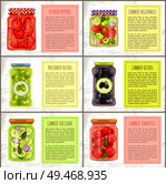Pickled peppers and preserved olives, canned vegetables, zucchini and black olives labeled jars. Bottles with organic food for healthy eating poster.. Healthy Eating Organic Fruit and Veggie Preserves. Стоковая иллюстрация, агентство Ingram Publishing / Фотобанк Лори