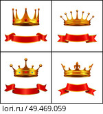 Crowns symbol of regal power and red banners set. Corona with diamonds and gemstones. Gold coronet diadem with golden cross on top isolated vector. Crown Regal Power and Banner Vector Illustration. Стоковая иллюстрация, агентство Ingram Publishing / Фотобанк Лори