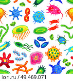 Microscopic bacteria seamless pattern on white, color vector illustration of microorganisms, biological banner with germs and viruses cartoon creatures. Microscopic Bacteria Seamless Pattern on White. Стоковая иллюстрация, агентство Ingram Publishing / Фотобанк Лори