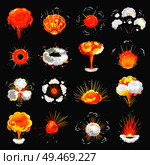 Explosions set isolated icons closeup vector. Set of bangs, splashes and outbreaks with fire and smoke. Different shapes of bursts, blowings up, flash. Explosions Set Icons Closeup Vector Illustration. Стоковая иллюстрация, агентство Ingram Publishing / Фотобанк Лори
