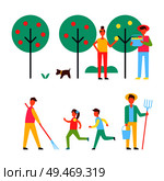 People taking care about trees vector icon. Adults and children working in garden, pluck fruit into basket, man with bucket and rake, pitchfork set. People Taking Care About Trees in Garden Icon. Стоковая иллюстрация, агентство Ingram Publishing / Фотобанк Лори