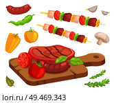 Beefsteak roasted meat isolated set of icons vector. Wooden cooking board with well done beef with sausages. Skewer with mushrooms and paprika peppers. Beefsteak Roasted Meat Icons Vector Illustration. Стоковая иллюстрация, агентство Ingram Publishing / Фотобанк Лори