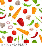 Vegetables veggies seamless pattern. Garlic corn and sweet spicy pepper paprika mushroom tomato slice. Herbs and condiments onion rings vegs vector. Vegetables Seamless Pattern Vector Illustration. Стоковая иллюстрация, агентство Ingram Publishing / Фотобанк Лори