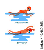Breaststroke and butterfly styles vector set. Man and woman sportive people swimming in water. Professional swimmers with goggles, hats and swimsuits. Breaststroke Butterfly Styles Vector Illustration. Стоковая иллюстрация, агентство Ingram Publishing / Фотобанк Лори