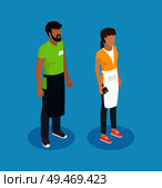 Waitress and waiter people working in restaurant or cafe serving food meal dish. Servers wearing uniform and white aprons servant 3d isometric vector. Waitress and Waiter People Vector Illustration. Стоковая иллюстрация, агентство Ingram Publishing / Фотобанк Лори
