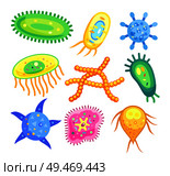 Bacteria micro creatures organisms set. Types of germs and microbes rounded shaped and chained pathogen elements. Viral molecules isolated on vector. Bacteria Micro Creatures Set Vector Illustration. Стоковая иллюстрация, агентство Ingram Publishing / Фотобанк Лори