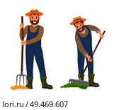 Farming people working on land with rake and hayfork. Set of isolated icons of people with rural tools. Busy farmers smiling wearing uniform vector. Farming People with Rake Set Vector Illustration. Стоковая иллюстрация, агентство Ingram Publishing / Фотобанк Лори