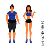 Woman fat and sportive ladies isolated icons set. Sportswoman holding ripe apple useful for health. Eco and healthy organic food and obeseness vector. Woman Fat and Sportive Lady Vector Illustration. Стоковая иллюстрация, агентство Ingram Publishing / Фотобанк Лори