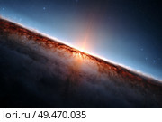 Formation of a great spiral galaxy and stars and an interstellar nebula. Стоковое AI-изображение, AI-художник Алексей Кузнецов / Фотобанк Лори