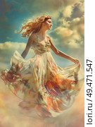 A woman in a long dress is gracefully flying through the air, showcasing elegance and freedom. Стоковое AI-изображение, AI-художник Данила Большаков / Фотобанк Лори