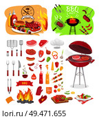BBQ grill party time isolated icons set vector. Grilling grid for meat roasting. Served beefsteak with vegetables on board. Skewer with onion and pork. BBQ Grill Party Time Icons Set Vector Illustration. Стоковая иллюстрация, агентство Ingram Publishing / Фотобанк Лори