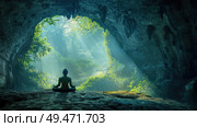 A person sitting calmly in the middle of a dark cave, surrounded by rocky walls and a dim natural light seeping through cracks. Стоковое AI-изображение, AI-художник Данила Большаков / Фотобанк Лори