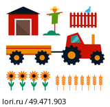 Farm tractor with trailer and building shed. Scarecrow and fence with bird, sunflowers plant and wheat crops grain. Farming homestead icons set vector. Farm Tractor and Building Vector Illustration. Стоковая иллюстрация, агентство Ingram Publishing / Фотобанк Лори