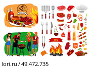 BBQ party time isolated icons set poster vector. People roasting meat and sausages vegetables and tools for barbeque cooking. Veggies and beef pork. BBQ Party Time Icon Set Poster Vector Illustration. Стоковая иллюстрация, агентство Ingram Publishing / Фотобанк Лори
