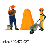 Farming person with hayfork standing by bale dry grass. Woman pushing trolley filled with compost for soil. People on farm isolated icons set vector. Farming Person with Hayfork Vector Illustration. Стоковая иллюстрация, агентство Ingram Publishing / Фотобанк Лори