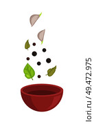 Spice falling down into wooden bowl, vector badge. Garlic chive, fragrant pepper peas and bay leaves in the air over clay soup plate, isolated set. Spice Falling Down into Wood Bowl, Vector Badge. Стоковая иллюстрация, агентство Ingram Publishing / Фотобанк Лори