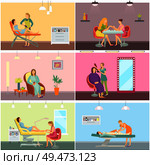Body wrap and hair styling hairstyle changes of hairdresser professional set vector. Beauty salon, depilation with wax stripes, manicure pedicure. Body Wrap and Hair Styling Hairstyle Set Vector. Стоковая иллюстрация, агентство Ingram Publishing / Фотобанк Лори