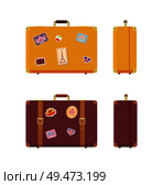 Luggage journey and vacation valises set vector. Traveling baggage, cases with stickers of Egyptian camel, Eiffel Tower and Indian Taj Mahal Germany. Luggage Journey and Vacation Valises Set Vector. Стоковая иллюстрация, агентство Ingram Publishing / Фотобанк Лори