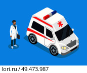 Medical worker run to ambulance car or lorry vector isometric icon. Ambulanceman or paramedic in white coat with first aid kit for emergency poster.. Paramedic with Medicine Kit and Ambulance Car. Стоковая иллюстрация, агентство Ingram Publishing / Фотобанк Лори