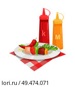 Skewer barbeque meal isolated icon vector. Plate with satay vegetables and meat. Pepper slice herb and tometo slice with sauces mustard and ketchup. Skewer Barbeque Meal Icon Vector Illustration. Стоковая иллюстрация, агентство Ingram Publishing / Фотобанк Лори