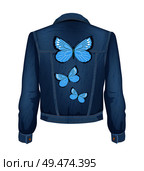 Jeans jacket with patches of blue flying butterflies. Clothes shirt for women clothing fashion. Denim material with winged insect vector illustration. Jeans Jacket with Patches Vector Illustration. Стоковая иллюстрация, агентство Ingram Publishing / Фотобанк Лори