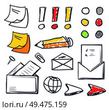 Office paper and pencil for writing on isolated icons set vector Envelope and message correspondence, globe and cursor, memo and sticker for notes. Office Paper and Pencil for Writing Set Vector. Стоковая иллюстрация, агентство Ingram Publishing / Фотобанк Лори