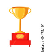 Golden trophy cup on pedestal vector illustration. Shiny award, goblet with handles on red stand with label on rank, rewarding icon, sport theme.. Golden Trophy Cup on Pedestal Vector Illustration. Стоковая иллюстрация, агентство Ingram Publishing / Фотобанк Лори
