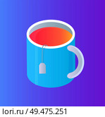 Glass cup with tea pocket isolated vector cartoon icon. Thick bowl with handle, with brown liquid inside and overhanging rope with label, 3d isometric. Glass Cup with Tea Pocket Isolated Cartoon Icon. Стоковая иллюстрация, агентство Ingram Publishing / Фотобанк Лори
