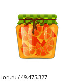 Sliced oranges canned in small glass container with rustic textile decorated and tied lid. Exotic citrus homemade conservation vector illustration.. Sliced Orange Citrus Fruit In Small Glass Jar. Стоковая иллюстрация, агентство Ingram Publishing / Фотобанк Лори