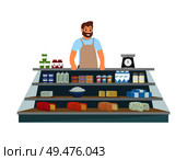 Farmer selling products icon vector. Man smiling and wearing apron, shelves with dairy,  products. Cottage cheese and milk in packages, yogurt in pots. Farmer Selling Products Icon Vector Illustration. Стоковая иллюстрация, агентство Ingram Publishing / Фотобанк Лори