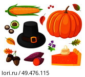 Dessert cake and sweet cake piece isolated icons set vector. Chestnut and acorn, beetroot and hat cap, leaves and foliage of autumn. Corn and flowers. Dessert Cake and Sweet Cake Piece Icons Set Vector. Стоковая иллюстрация, агентство Ingram Publishing / Фотобанк Лори