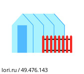 Greenhouse hothouse and red wooden fence. Orchard for growing products in warm place. Construction made of glass farming building isolated on vector. Greenhouse Hothouse and Fence Vector Illustration. Стоковая иллюстрация, агентство Ingram Publishing / Фотобанк Лори