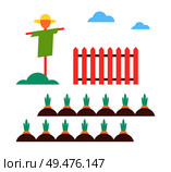 Scarecrow field protector set wooden fence and plantation with growing carrots. Farming measures to save crops and vegetables from crows icons vector. Scarecrow Field Protector Set Vector Illustration. Стоковая иллюстрация, агентство Ingram Publishing / Фотобанк Лори