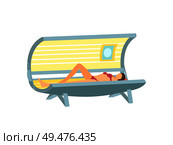 Girl lying and tanning in solarium cartoon isolated vector icon. Young woman in swimsuit in open indoors tanning equipment with ultraviolet lamp sunbathing. Girl Lying and Tanning in Solarium Cartoon Poster. Стоковая иллюстрация, агентство Ingram Publishing / Фотобанк Лори
