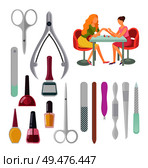Spa salon manicurist procedure, isolated icons set vector. Scissors and glass bottle with nail polishing files and tools instruments for manicure. Spa Salon Manicure Procedure Icons Set Vector. Стоковая иллюстрация, агентство Ingram Publishing / Фотобанк Лори